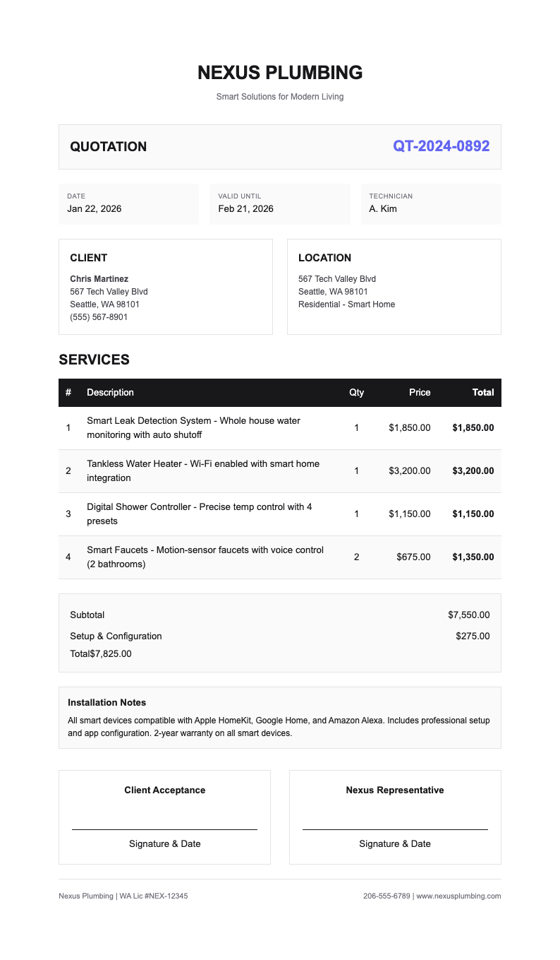 Tech minimalist plumbing quotation